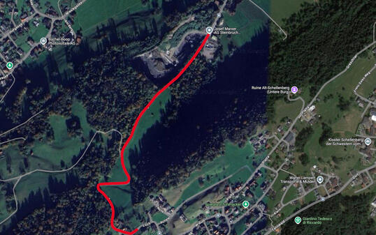 Das Bergrennen (rot eingezeichnet) führte über die Schellenbergstrasse. Gestartet wurde auf der Höhe des Steinbruchs, das Ziel befand sich bei der Ortseinfahrt in Schellenberg.
