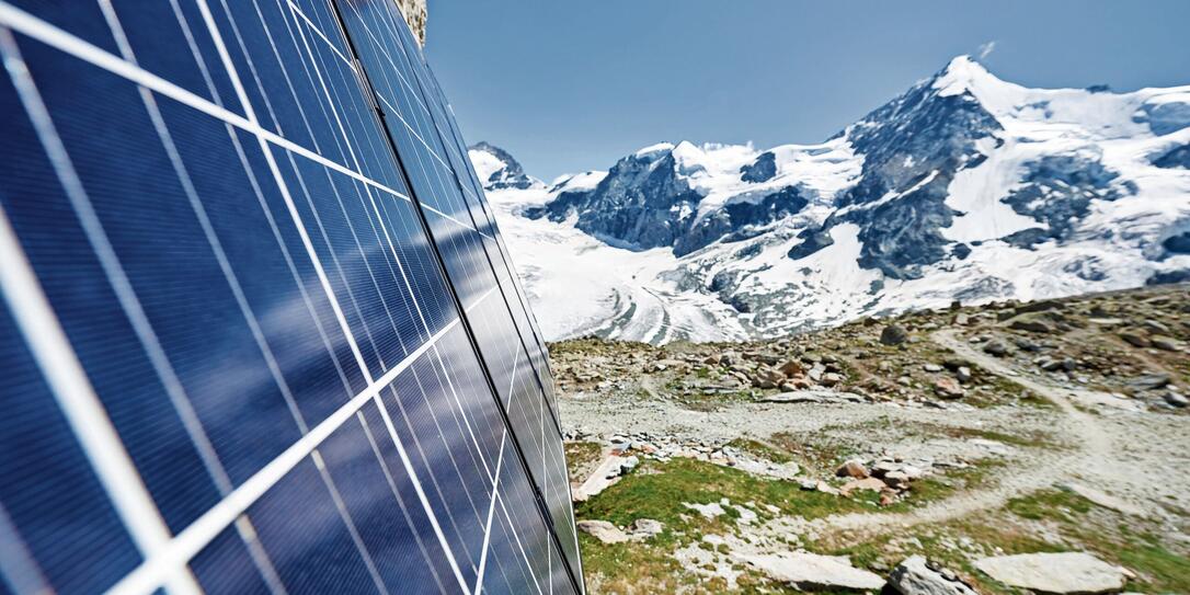 Grand Mountet Hut with solar batteries on the wall on a beautiful sunny day in Switzerland Alps