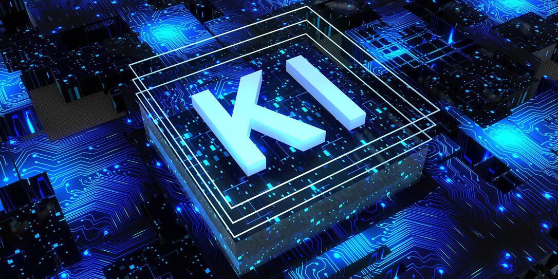 Artificial Intelligence (in german Kuenstliche Intelligenz), KI - abstract processor on printed circuit board, computer digital chip, technology conzept