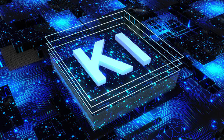 Artificial Intelligence (in german Kuenstliche Intelligenz), KI - abstract processor on printed circuit board, computer digital chip, technology conzept