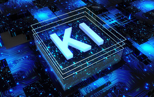 Artificial Intelligence (in german Kuenstliche Intelligenz), KI - abstract processor on printed circuit board, computer digital chip, technology conzept