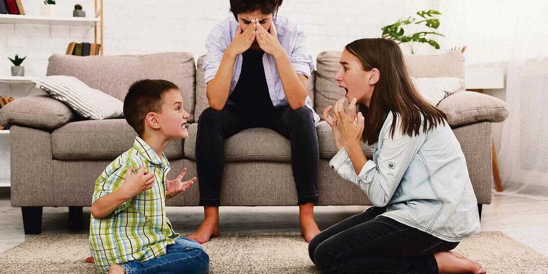 Mom is depressed by screaming children, siblings having quarrel