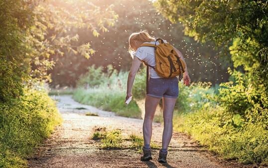 Woman with backpack applying insect repellent agains mosquito and tick outdoors