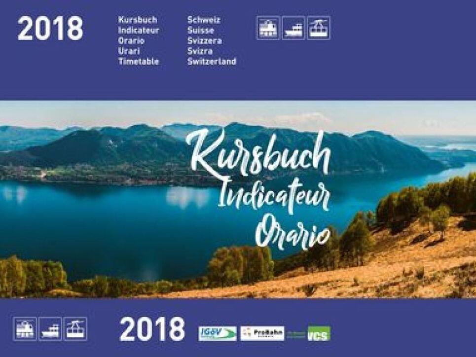 Umschlag des Kursbuchs für das Jahr 2018. Darin werden sämtliche Bahn-, Schiffs- und Seilbahnverbindungen des Schweizer ÖV abgebildet. Herausgegeben wird das Buch neu von der IGöV, dem VCS und Pro Bahn.