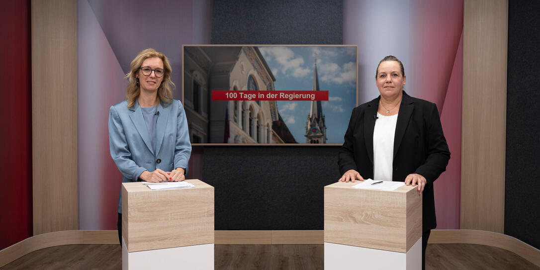 Videointerview "100 Tage in der Regierung" mit Regierungschefin-Stellverteterin Sabine Monauni und "Vaterland"-Redaktorin Desirée Vogt (r.).