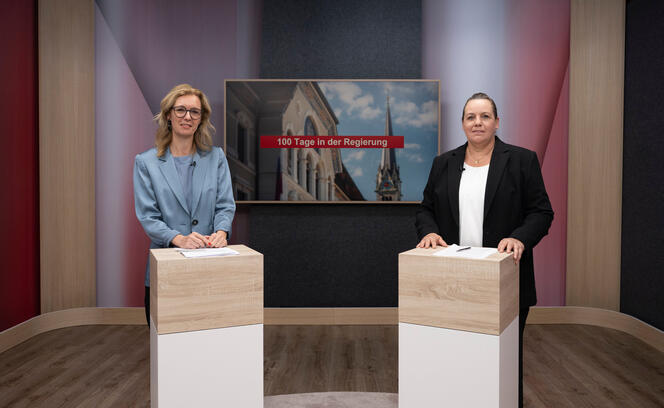 Videointerview "100 Tage in der Regierung" mit Regierungschefin-Stellverteterin Sabine Monauni und "Vaterland"-Redaktorin Desirée Vogt (r.).