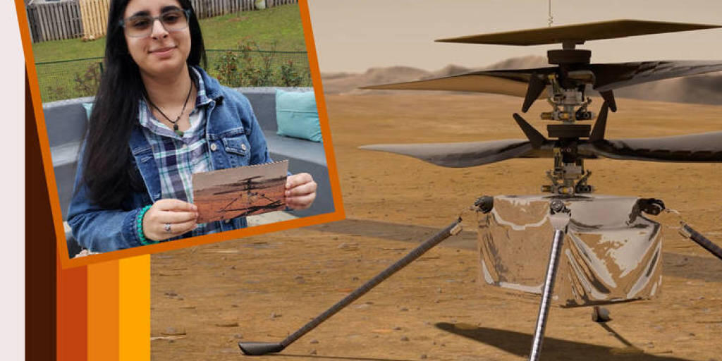 Vaneeza Rupani von der Tuscaloosa County High School in Northport, Alabama, hat den besten von 28'000 Namens-Vorschlägen gemacht für das Mars-Heliköpterchen im Bild. Es wird jetzt "Ingenuity" getauft, "Einfallsreichtum". (Pressebild Nasa)