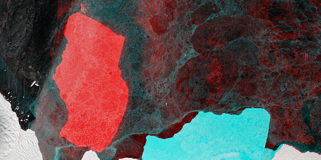 Der Eisberg D28 hat sich um 90 Grad gedreht. (Blau, alte Position; rot, neue Position.) Der Eisberg D28 hat sich um 90 Grad gedreht. (Blau, alte Position; rot, neue Position.)
