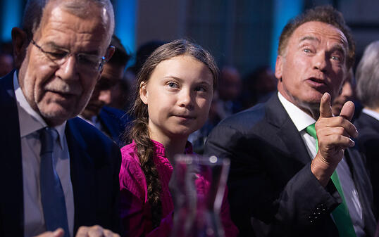 Gemeinsam für den Schutz des Klimas: Österreichs Bundespräsident Alexander Van der Bellen, die 16-jährige schwedische Klimaaktivistin Greta Thunberg und Arnold Schwarzenegger in Wien.