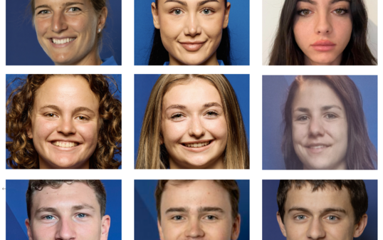Erhalten das Sportstipendium hinsichtlich Los Angeles 2028 (v.&thinsp;l.): Kathinka von Deichmann, L&eacute;onie Guerra, Jennifer Hochst&auml;dter (oben). Jule Insinna, Julia Weissenhofer, Lea Wyss (Mitte). David Maier,  Romano P&uuml;ntener und Felix Sprenger (unten).
