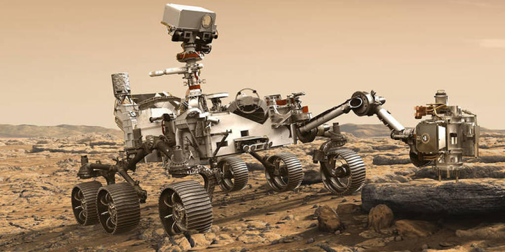 Nasa-Illustration: Der Rover Perseverance untersucht einen Mars-Stein. Ab 17. Juli gilt's ernst, dann startet "Duchhaltevermögen" als 5. Mars-Rover Richtung Roter Planet. (NASA/JPL-Caltech)