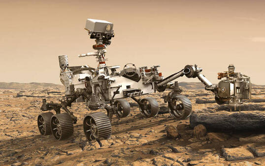 Nasa-Illustration: Der Rover Perseverance untersucht einen Mars-Stein. Ab 17. Juli gilt's ernst, dann startet "Duchhaltevermögen" als 5. Mars-Rover Richtung Roter Planet. (NASA/JPL-Caltech)