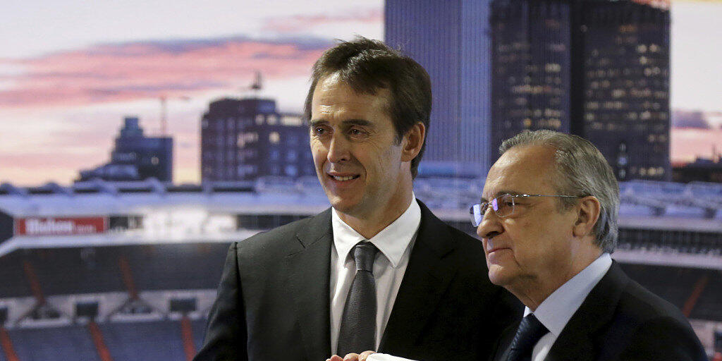 Real Madrids Präsident Florentino Perez (rechts) und Coach Julen Lopetegui