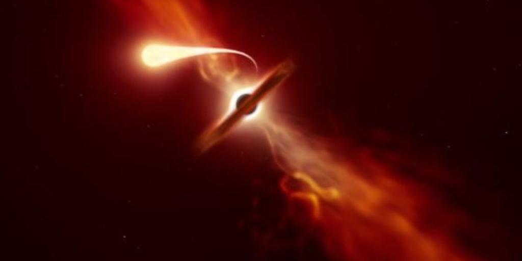 Künstlerische Darstellung einer "Spaghettifizierung", dem Lichtphänomen, das sich zeigt, wenn ein Schwarzes Loch einen Stern verschluckt. Forschern in Garching bei München ist es gelungen, den Moment zu erwischen. (Bild Eso) Künstlerische Darstellung einer "Spaghettifizierung", dem Lichtphänomen, das sich zeigt, wenn ein Schwarzes Loch einen Stern verschluckt. Forschern in Garching bei München ist es gelungen, den Moment zu erwischen. (Bild Eso)