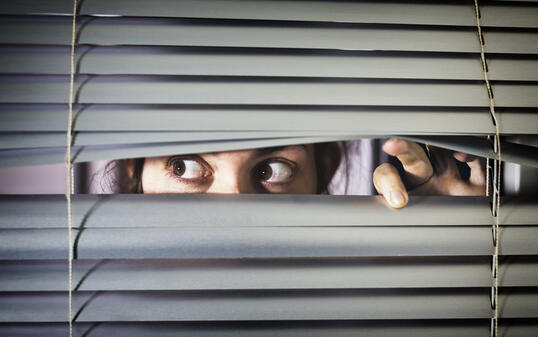 Brown-eyed girl peeps fearfully through venetian blinds