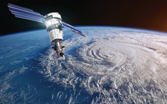 Research, probing, monitoring hurricane Florence raging on the coast. Satellite above the Earth makes measurements of the weather parameters. Elements of this image furnished by NASA.