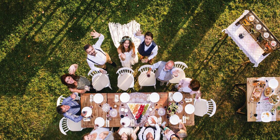 Wedding reception outside in the backyard.