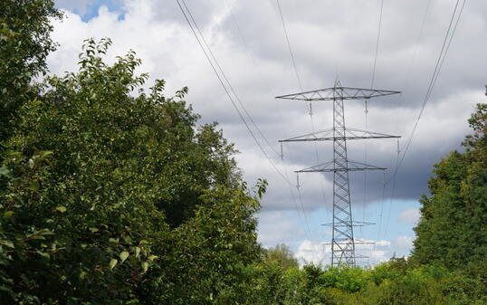 High voltage metal pylon for transfer of electricity with overhead wires between green trees.