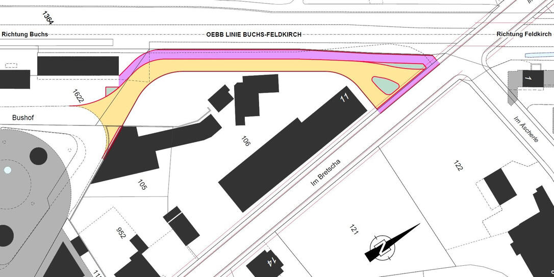 Die neue Busspur entsteht im gelben Bereich, im pinken Bereich entsteht ein neuer Fuss- und Radweg.