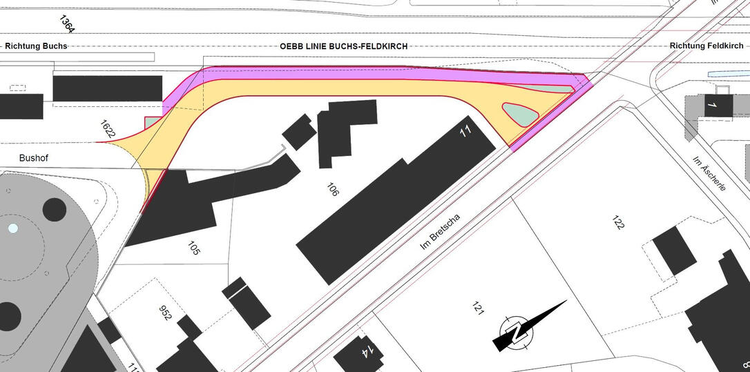 Die neue Busspur entsteht im gelben Bereich, im pinken Bereich entsteht ein neuer Fuss- und Radweg.