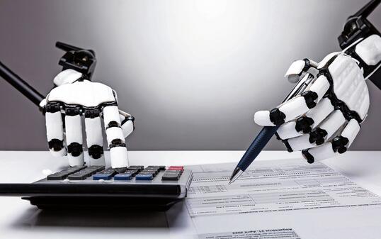Robot Examining Financial Report With Calculator