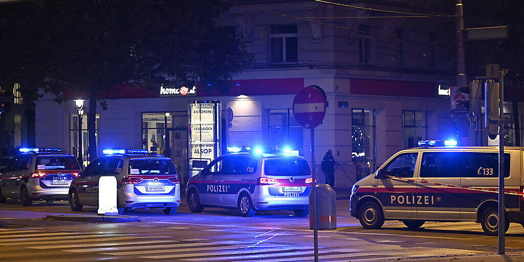 Polizeifahrzeuge stehen in der Wiener Innenstadt. Foto: Herbert Neubauer/APA/dpa