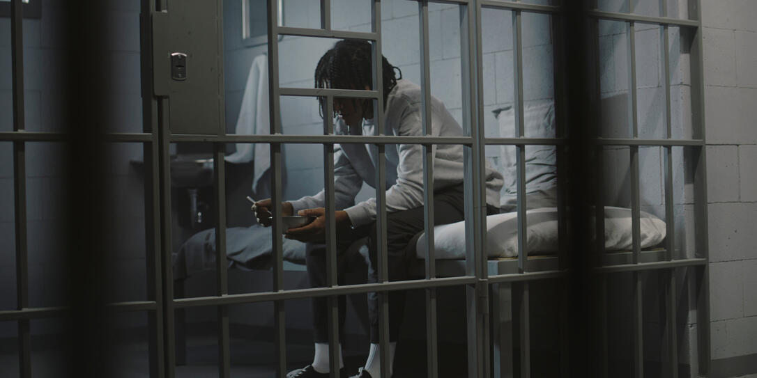 African American young prisoner eats food sitting on bed in prison cell