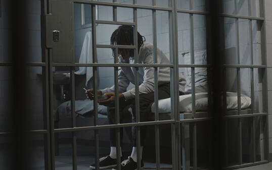African American young prisoner eats food sitting on bed in prison cell