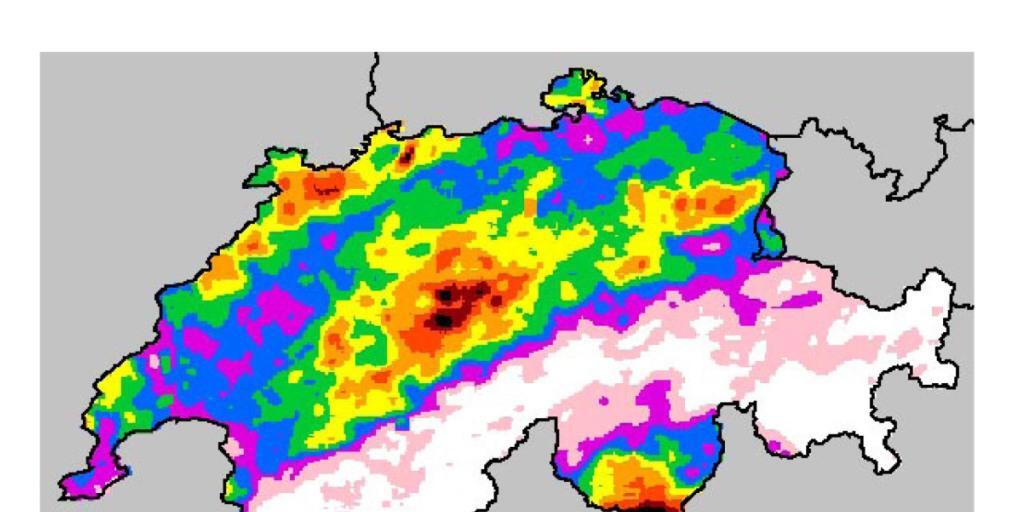 Die neue Hagelkarte: In den schwarzen und roten Bereichen hagelt es am häufigsten
