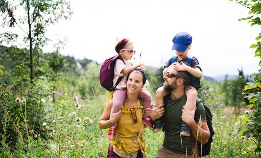 Family with small children hiking outdoors in summer nature.