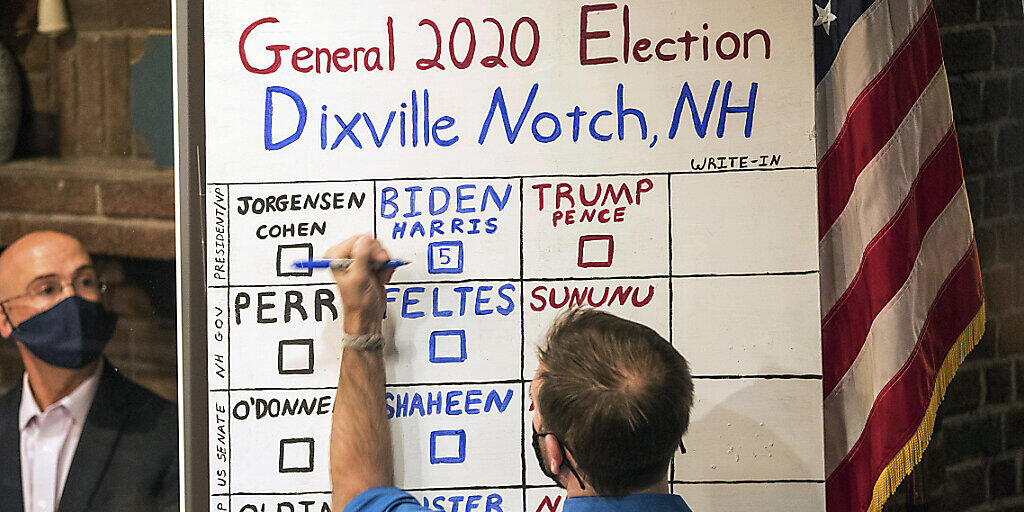 dpatopbilder - US-Präsidentenwahl sind gefallen: Der Demokrat Joe Biden hat die Abstimmung in dem kleinen Örtchen Dixville Notch in New Hampshire mit 5 zu 0 Stimmen  gegen Donald Trump gewonnen. (zu dpa: Erste Ergebnisse bei US-Wahl: Biden gewinnt im Dorf Dixville Notch) Foto: Scott Eisen/AP/dpa