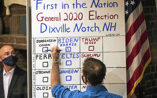 dpatopbilder - US-Präsidentenwahl sind gefallen: Der Demokrat Joe Biden hat die Abstimmung in dem kleinen Örtchen Dixville Notch in New Hampshire mit 5 zu 0 Stimmen  gegen Donald Trump gewonnen. (zu dpa: Erste Ergebnisse bei US-Wahl: Biden gewinnt im Dorf Dixville Notch) Foto: Scott Eisen/AP/dpa