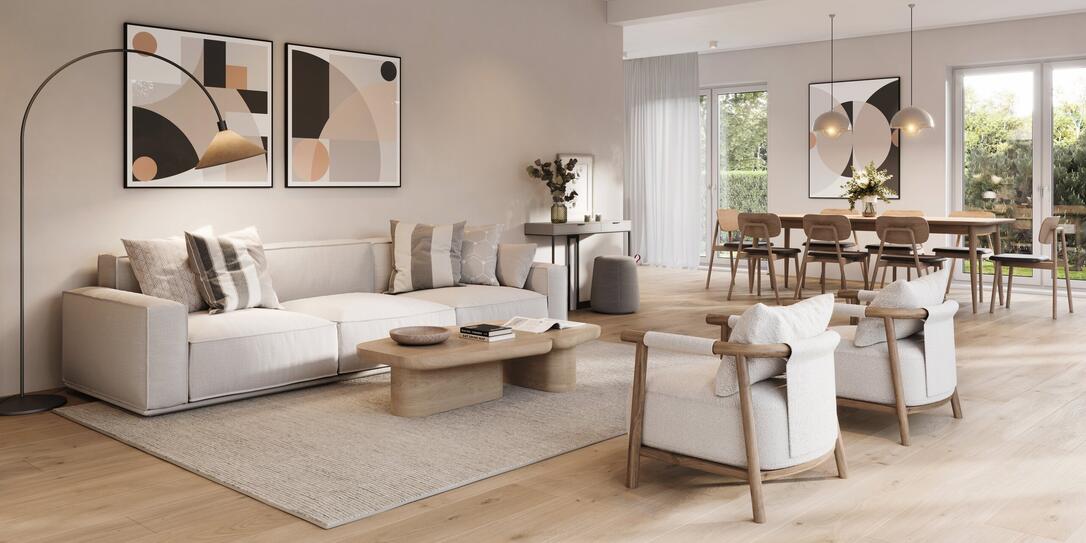 Digitally generated image of a fully furnished living room