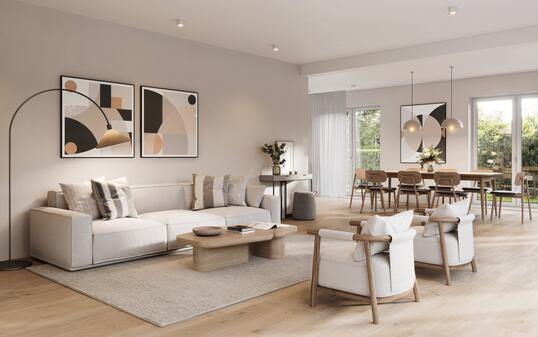 Digitally generated image of a fully furnished living room