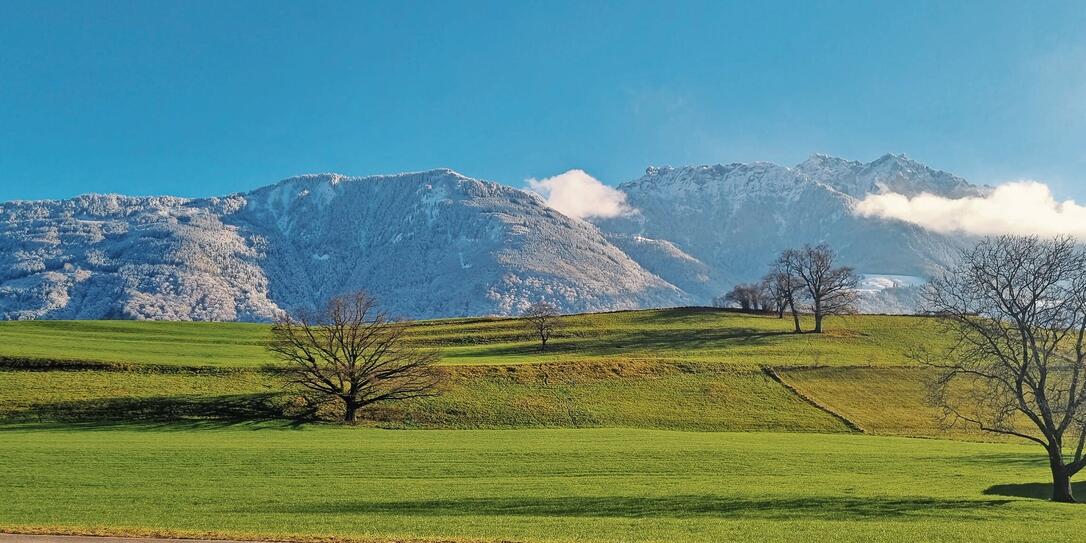 Der Blick von Mauren auf die Berge wirkte fast schon k&uuml;nstlich: Oben liegt Schnee, unten gr&uuml;nt es. Zwei Jahreszeiten vereint in einem Bild.