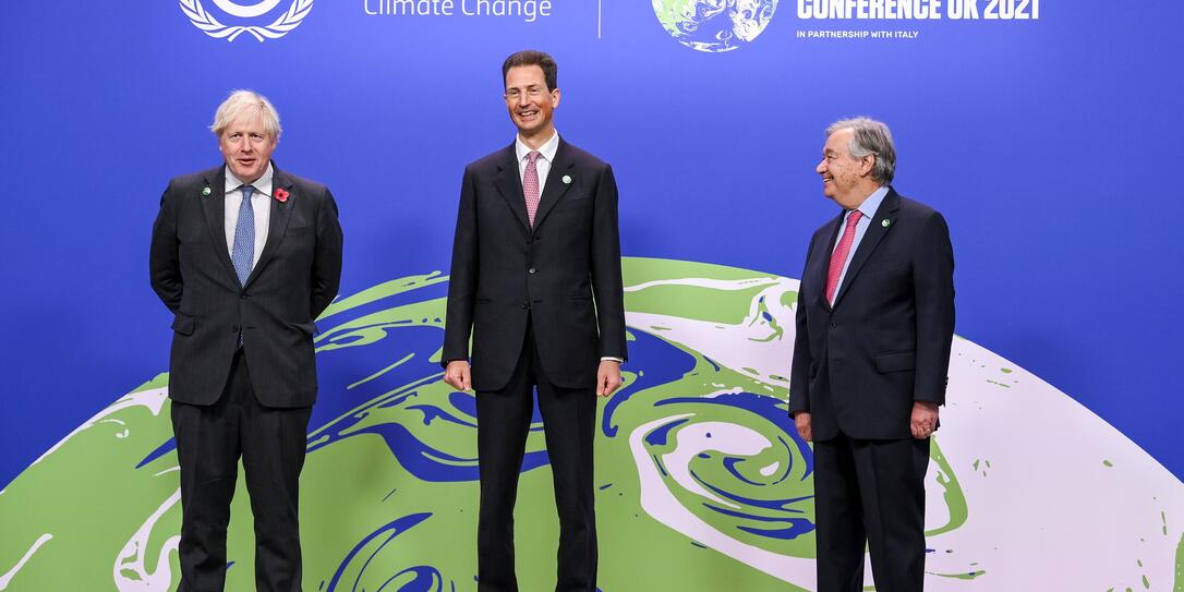 Prime Minister Boris Johnson and António Guterres, Secretary-General of the United Nations, greet His Serene Highness Prince Alois, Hereditary Prince and Regent of Liechtenstein, at COP26 World Leaders Summit