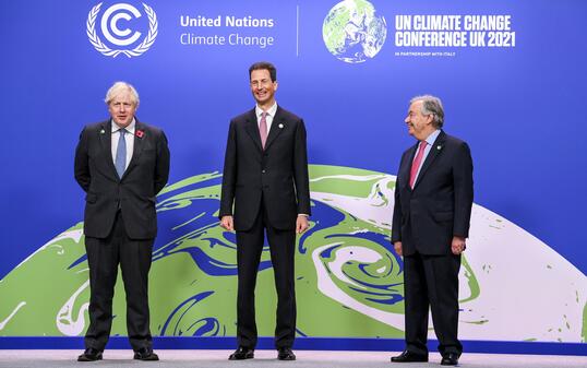 Prime Minister Boris Johnson and António Guterres, Secretary-General of the United Nations, greet His Serene Highness Prince Alois, Hereditary Prince and Regent of Liechtenstein, at COP26 World Leaders Summit