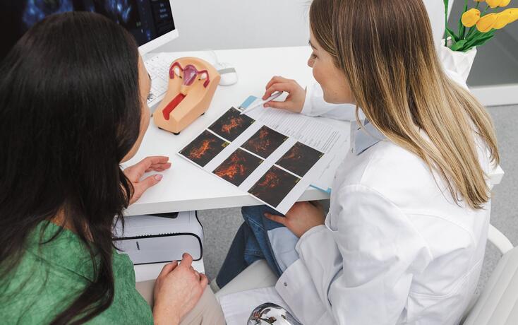 Pregnancy planning by a woman under the supervision of her gynecologist in a medical clinic. Consultation of a gynecologist for a pregnant woman, view from behind