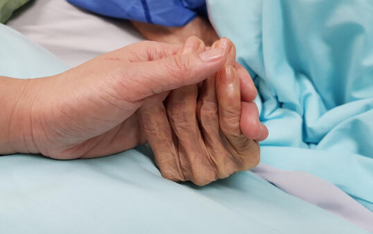 Holding grandmother's hand in the nursing care. Showing all love, empathy, helping and encouragement : healthcare in end of life and palliative concept