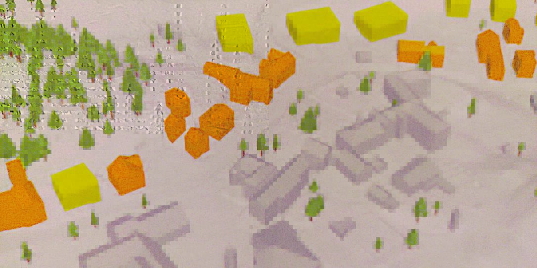 Grobe Visualisierung: Die gelben, schematischen Bauk&ouml;rper zeigen das Potenzial der geplanten Kernzone auf. Orange eingef&auml;rbt die  Erweiterungsm&ouml;glichkeiten des Bestandes.