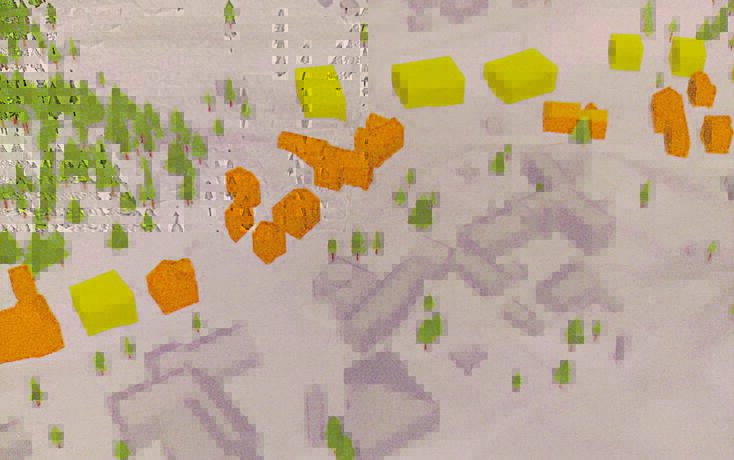 Grobe Visualisierung: Die gelben, schematischen Bauk&ouml;rper zeigen das Potenzial der geplanten Kernzone auf. Orange eingef&auml;rbt die  Erweiterungsm&ouml;glichkeiten des Bestandes.