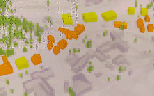 Grobe Visualisierung: Die gelben, schematischen Bauk&ouml;rper zeigen das Potenzial der geplanten Kernzone auf. Orange eingef&auml;rbt die  Erweiterungsm&ouml;glichkeiten des Bestandes.
