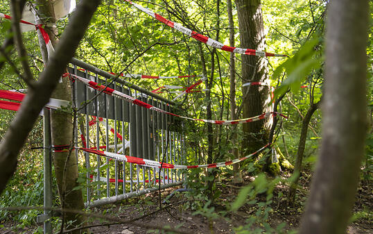 Geschlossene Grenzen liessen die illegalen Einreisen einbrechen: Versperrter Grenz&uuml;bergang nach Deutschland im Naherholungsgebiet Lange Erle in Basel. (Archivbild)
