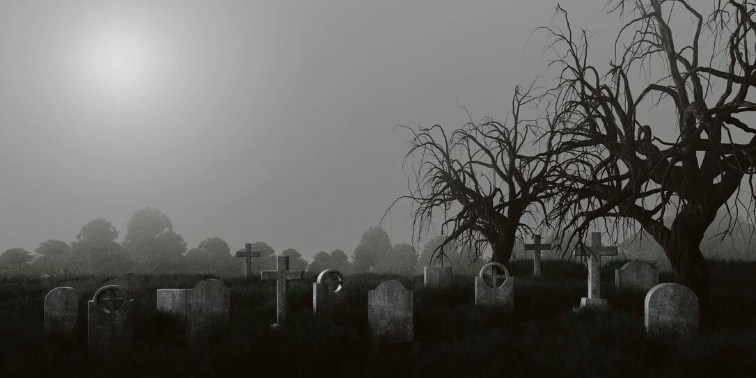 Cemetery with tombstones,dead tree and mist.3d rendering Cemetery with tombstones,dead tree and mist.3d rendering