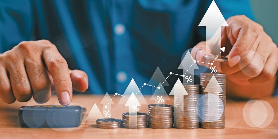 Money interest rate increase concept, percentage commission credit. Grow up stock risk management. Bank policy price raise. Businessman with coin, calculate high percentage of company profit dividend