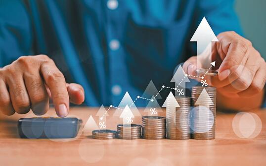 Money interest rate increase concept, percentage commission credit. Grow up stock risk management. Bank policy price raise. Businessman with coin, calculate high percentage of company profit dividend