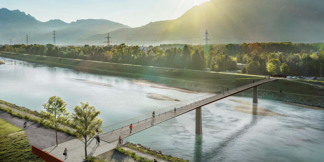 Visualisierung der geplanten Langsamverkehrsbrücke Sennwald-Ruggell. Auf dieser Darstellung befindet sich Ruggell links.