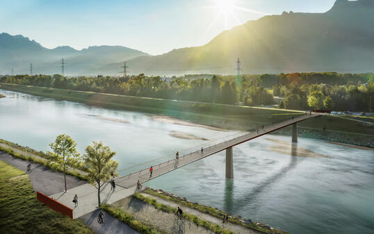 Visualisierung der geplanten Langsamverkehrsbrücke Sennwald-Ruggell. Auf dieser Darstellung befindet sich Ruggell links.