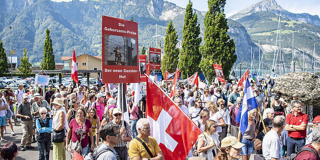 Am Samstag und Sonntag gibt es in Konstanz und Kreuzlingen am Bodensee Demonstrationen unter anderem gegen Corona-Massnahmen, etliche Bürgerinitiativen haben zu Gegenkundgebungen aufgerufen. (Symbolbild von Flüelen UR vom 5. September 2020)