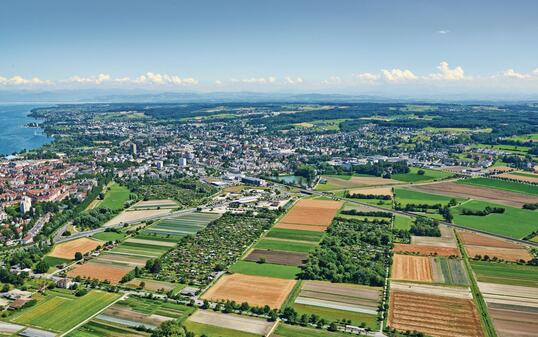 Aerial view of Lake Constance, agriculture near T&auml;gerwilen (Canton of Thurgau) in T&auml;germoos